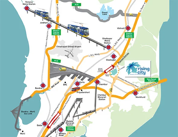 Rising City Mumbai Connectivity Map - Proximity to BKC, Eastern Express Highway, and Mumbai Airport